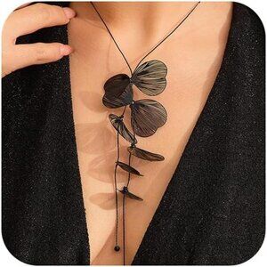 Boho Ginkgo Leaf Y Necklace | Long Floral Pendant Jewelry.